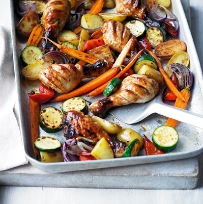 Chicken and summer vegetable tray bake