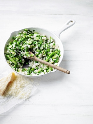 Asparagus, pea and broad bean risotto